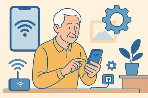 Hombre mayor configurando su móvil con iconos de ajustes y Wi-Fi en escritorio con planta