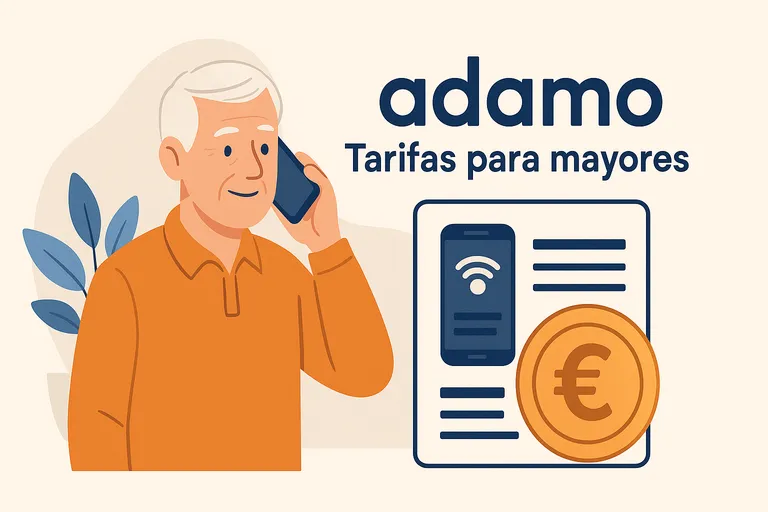 Hombre mayor hablando por teléfono junto a iconos de tarifas y euro sobre fondo claro.
