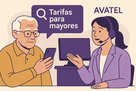 Ilustración de asesoramiento en tarifas móviles para mayores con agente de Avatel.