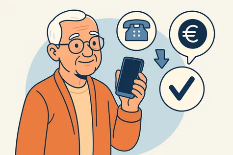 Hombre mayor usando un smartphone con iconos de ahorro y teléfono fijo en segundo plano.