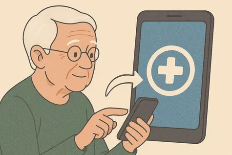 Hombre mayor activando servicios de asistencia en el móvil mediante icono de emergencia