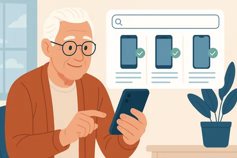 Hombre mayor comparando tarifas móviles en su smartphone con tabla de planes y móviles