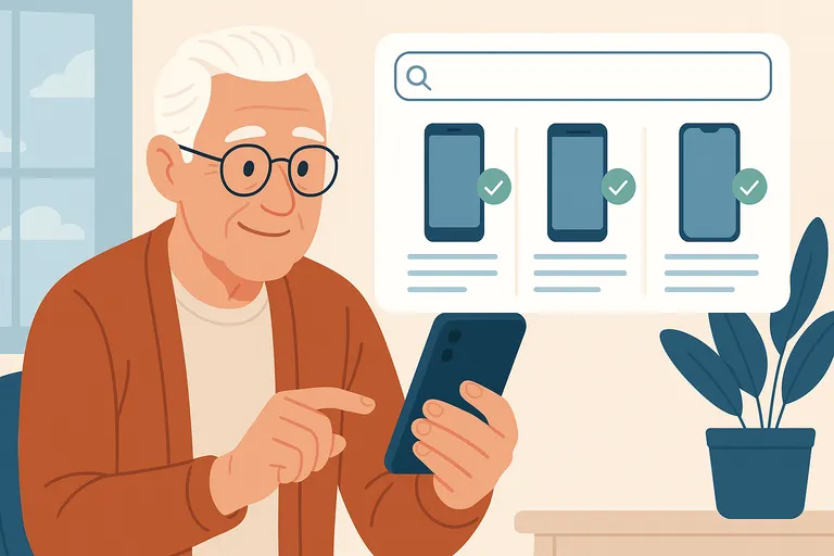 Hombre mayor comparando tarifas móviles en su smartphone con tabla de planes y móviles