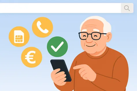 Hombre mayor con móvil rodeado de iconos de ahorro y ventajas de tarifas especiales para mayores