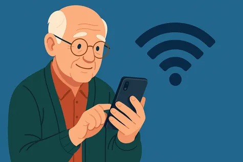 Hombre mayor conectado a internet con el móvil, símbolo Wi-Fi representa tarifa con datos