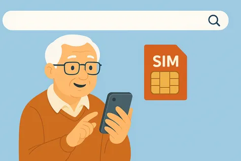 Hombre mayor usando smartphone con tarjeta SIM prepago y cuadro de búsqueda con icono de lupa