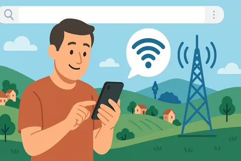 Hombre usando móvil en zona rural con buena cobertura gracias a torre de señal cercana