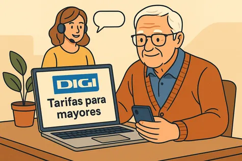 Ilustración de un hombre mayor revisando tarifas Digi en su portátil acompañado de asesora.