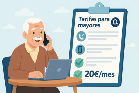 Ilustración de un hombre mayor usando el móvil con un cartel de tarifas para mayores al fondo