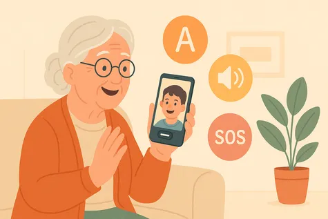 Mujer mayorusando un smartphone para hacer una videollamada, con íconos grandes en pantalla para accesibilidad: texto ampliado, volumen alto y botón SOS.