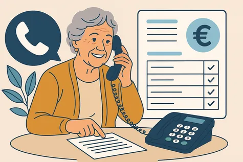 Mujer mayor usando teléfono fijo mientras revisa una hoja de tarifas simples y económicas.