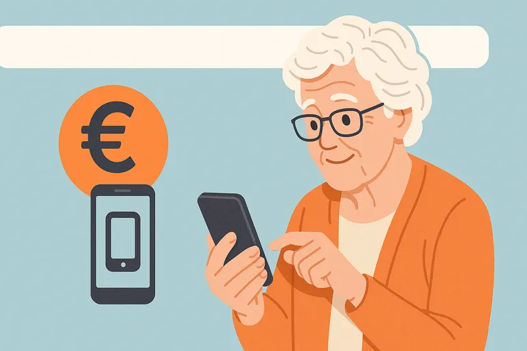 Mujer jubilada comparando tarifas móviles baratas en su smartphone con símbolo de euro