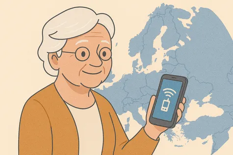 Mujer mayor con smartphone frente a mapa de Europa, tarifas móviles para mayores en Europa