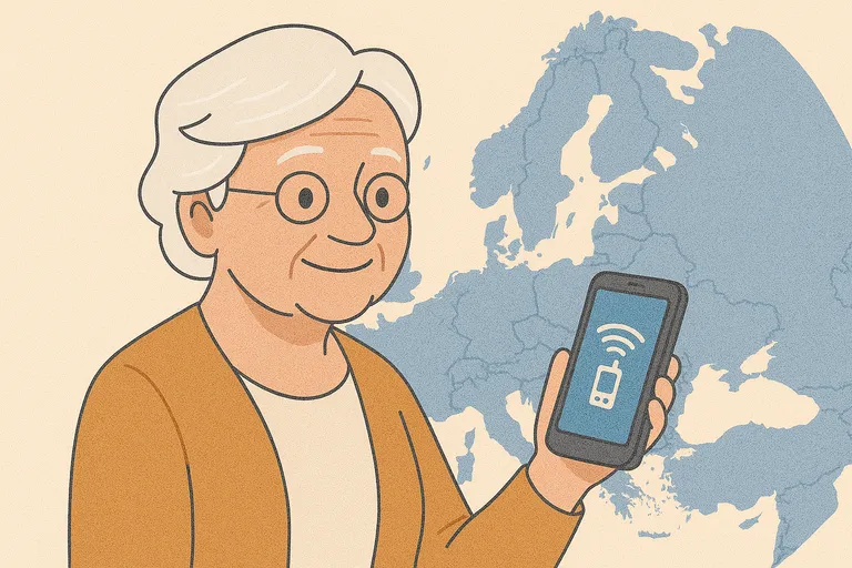 Mujer mayor con smartphone frente a mapa de Europa, tarifas móviles para mayores en Europa