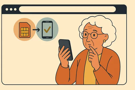 Mujer mayor consulta cómo hacer portabilidad móvil con SIM y teléfono en pantalla