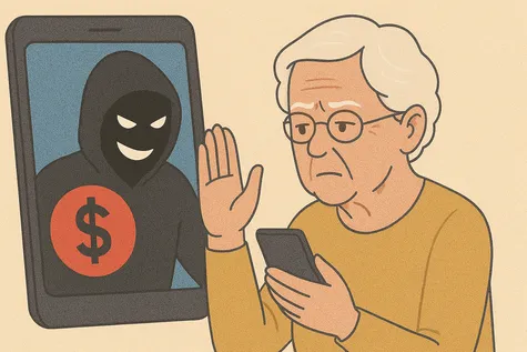Mujer mayor detectando fraude telefónico y rechazando estafa desde su móvil