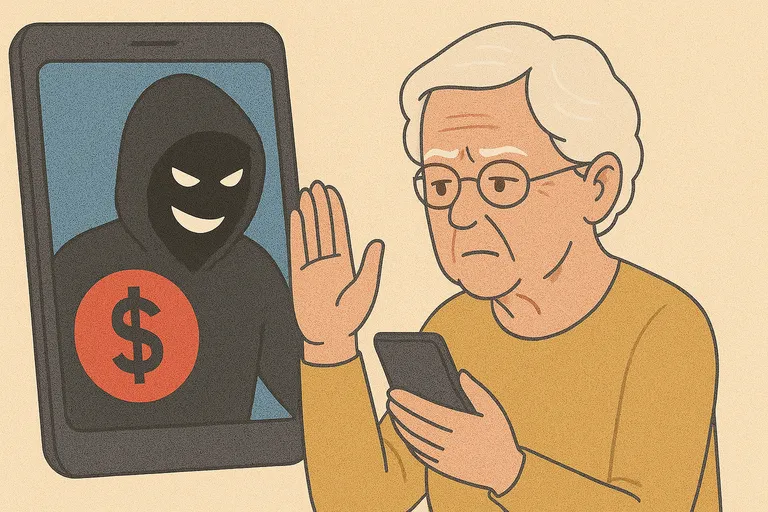 Mujer mayor detectando fraude telefónico y rechazando estafa desde su móvil