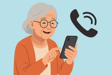 Mujer mayor usando el móvil con icono de llamada, ideal para tarifas con llamadas ilimitadas