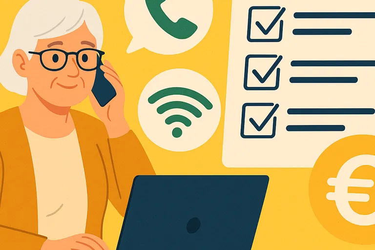 Mujer mayor usando móvil y portátil con iconos de llamadas, wifi y lista de verificación.