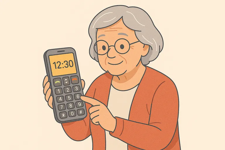 Mujer mayor usando móvil con botones grandes, ideal para tarifas móviles adaptadas a mayores