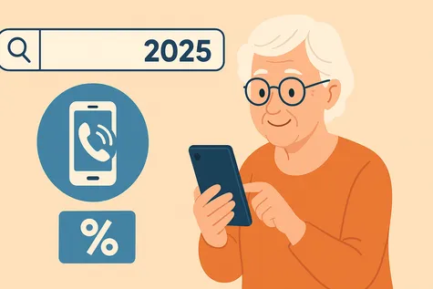 Mujer mayor usando móvil con iconos de llamada, descuento y buscador de tarifas móviles en 2025