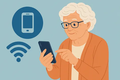 Mujer mayor usando un móvil para consultar tarifas con iconos de teléfono y Wi-Fi