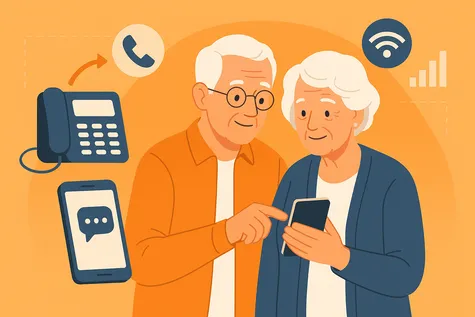Pareja de mayores usando un móvil con iconos de comunicación y fondo naranja.