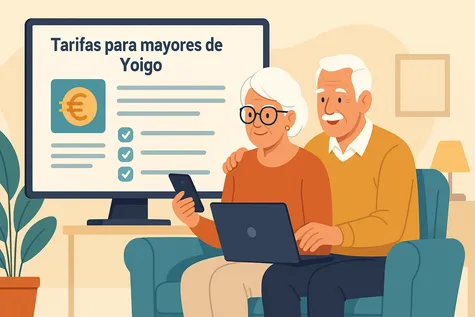 Pareja de personas mayores usando ordenador y móvil para ver tarifas móviles de Yoigo