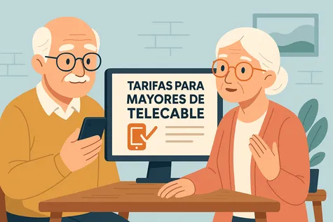 Pareja mayor comparando tarifas móviles en pantalla para mayores de Telecable.
