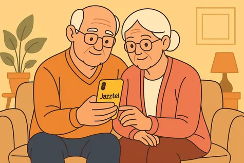 Pareja mayor sentada mirando un móvil amarillo con marca Jazztel en la parte trasera
