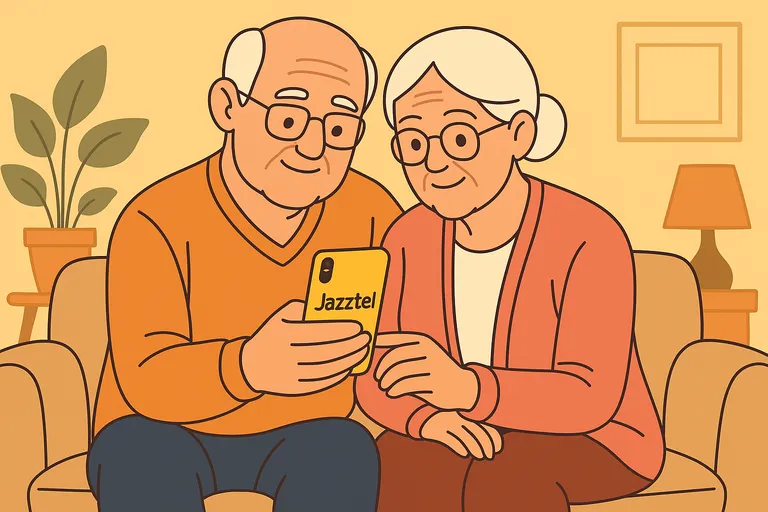 Pareja mayor sentada mirando un móvil amarillo con marca Jazztel en la parte trasera
