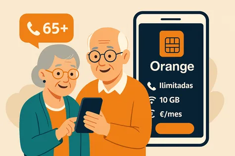 Pareja mayor usando móvil con tarifa de Orange con llamadas ilimitadas y datos.
