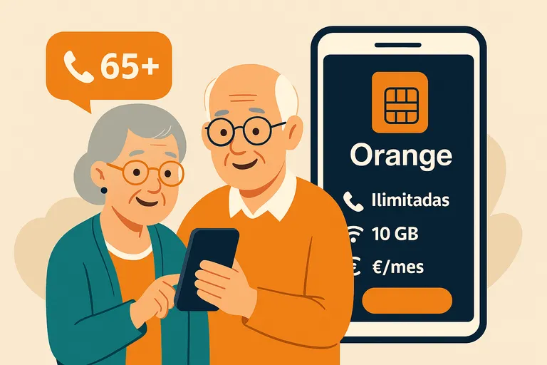 Pareja mayor usando móvil con tarifa de Orange con llamadas ilimitadas y datos.