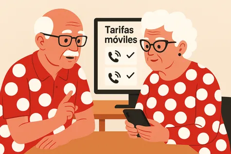 Pareja mayor vestida con lunares revisando tarifas móviles en pantalla sin precios visibles.