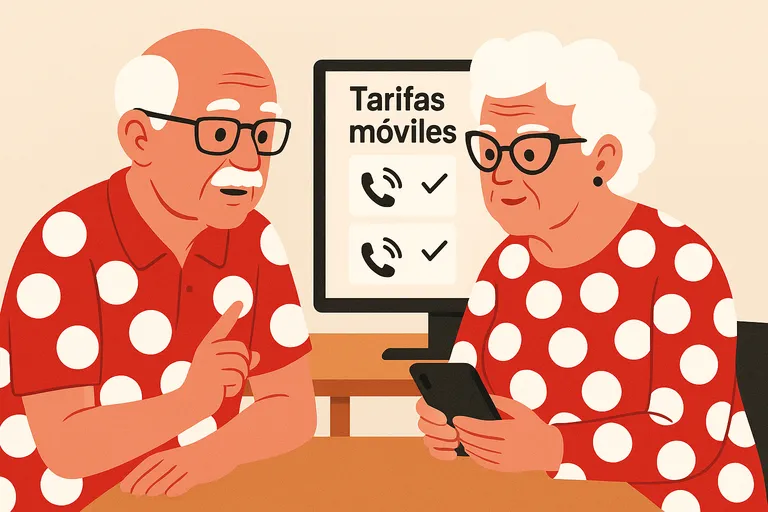 Pareja mayor vestida con lunares revisando tarifas móviles en pantalla sin precios visibles.