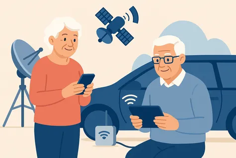 Personas mayores usando internet satelital al aire libre con antena parabólica y dispositivos