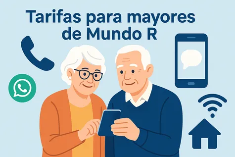 Pareja de personas mayores usando un móvil con iconos de telefonía e internet alrededor