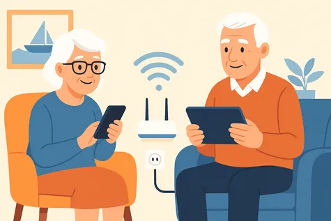 Personas mayores usando fibra y móvil en casa con router conectado, smartphone y tablet