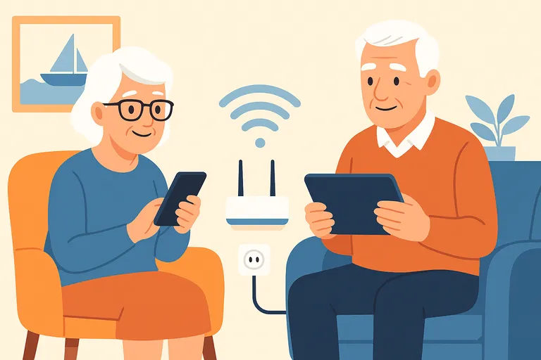 Personas mayores usando fibra y móvil en casa con router conectado, smartphone y tablet