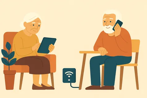 Pareja mayor conectada a internet desde casa con router enchufado al suelo y usando dispositivos