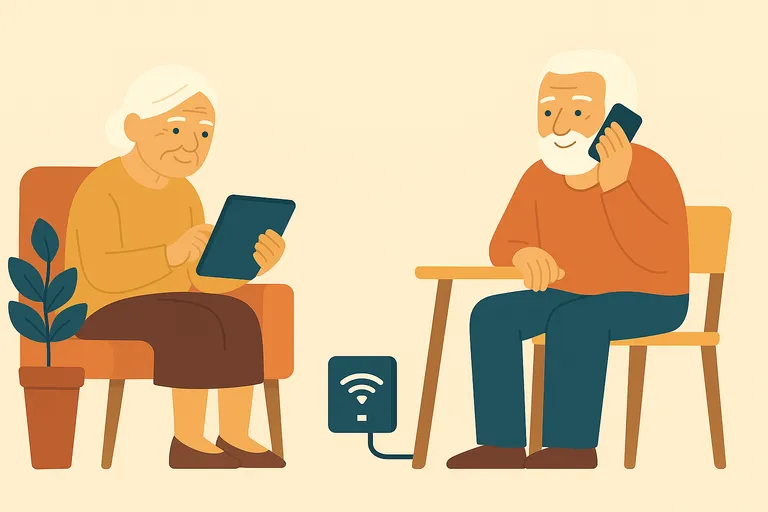 Pareja mayor conectada a internet desde casa con router enchufado al suelo y usando dispositivos