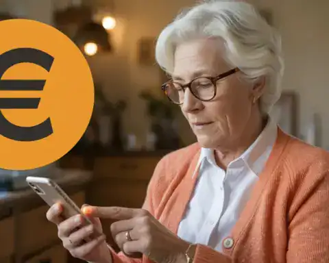 Mujer jubilada comparando tarifas móviles baratas en su smartphone con símbolo de euro